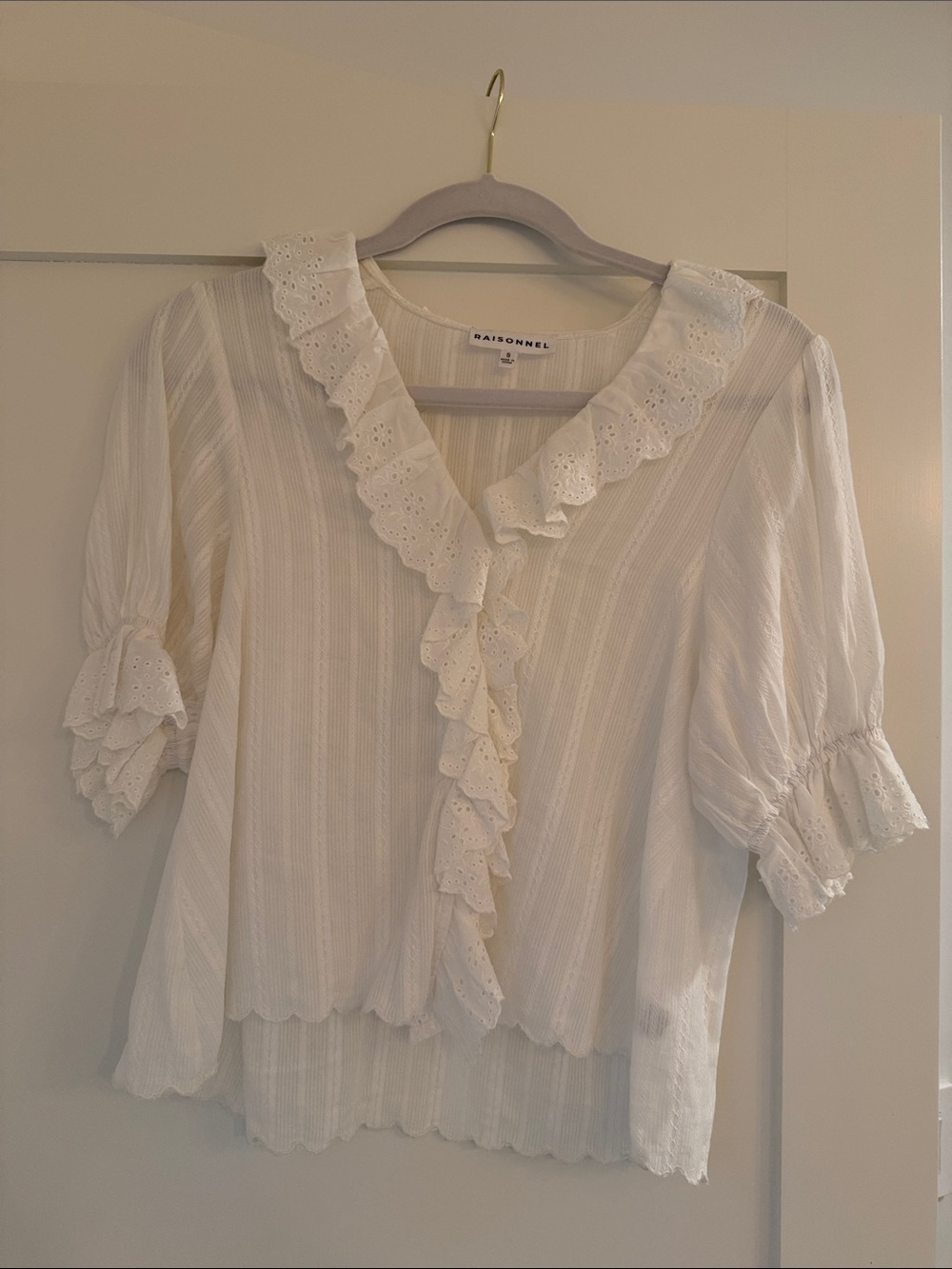 Raisonnel Cream Ruffle Eyelet V-Neck Blouse